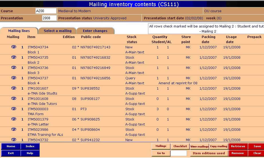 Mailing inventory contents screen (CS111) - mailing lines tab